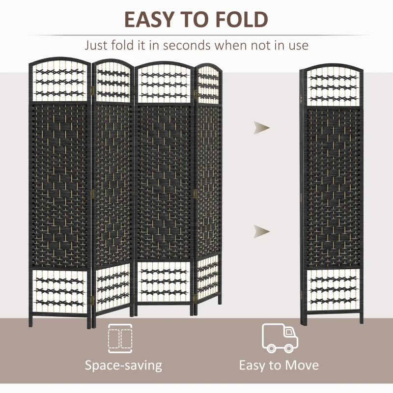 4 Panel Folding Room Divider, Portable Privacy Screen, Wave Fiber Room Partition for Home Office, Black