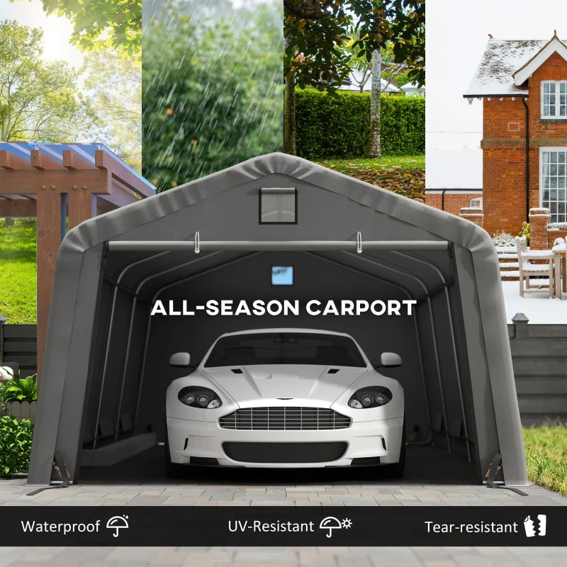 12' x 20' Portable Garage, Heavy Duty Carport Canopy with Ventilation Windows and Large Roll-up Door, Light Grey