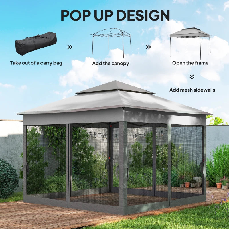 11' x 11' Pop Up Canopy 2-Tier Soft Top Shelter Event Tent w/ Netting Carry Bag for Patio Backyard Garden, Mixed Grey