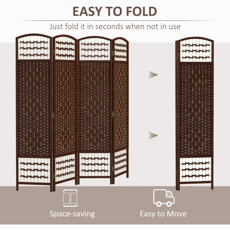 4 Panel Folding Room Divider, Portable Privacy Screen, Wave Fiber Room Partition for Home Office, Brown