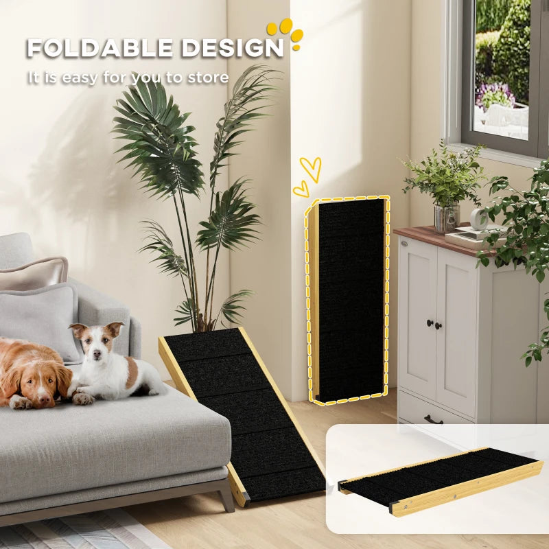 33" Foldable Dog Ramp with 4-Level Adjustable Height for Bed, Couch, for Small and Medium Dogs, Natural Wood