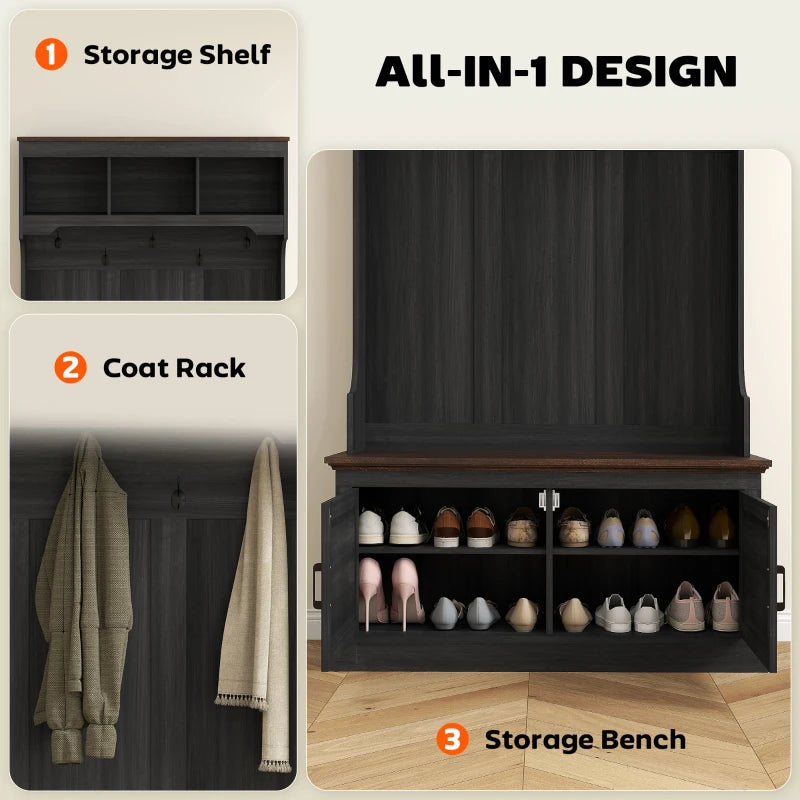 3-in-1 Hall Tree with Bench, Coat Rack with Shoe Storage, Distressed Black