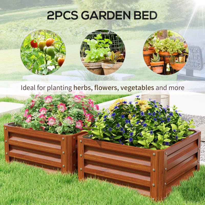 2' x 2' x 1' 2-Pieces Raised Garden Bed w/ Galvanised Steel Frame for Vegetables Flowers Herbs, Dark Brown Wood Effect