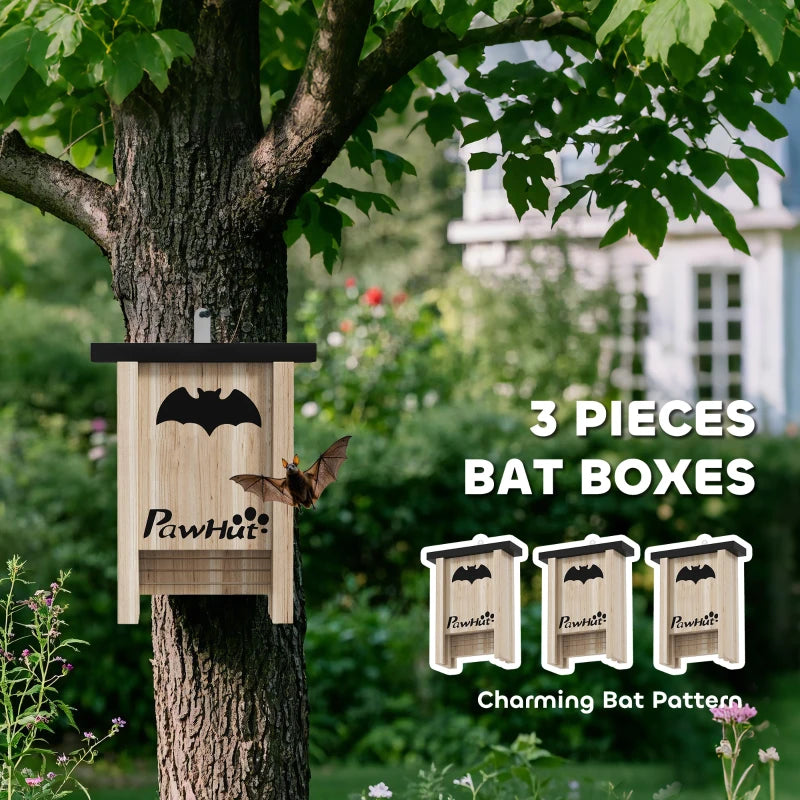 3PCs Wooden Bat Boxes, Bat Houses Designed to Attract Bats & Easy to Hang for Outdoor, Garden, Farm, 18 x 6 x 22.5 cm
