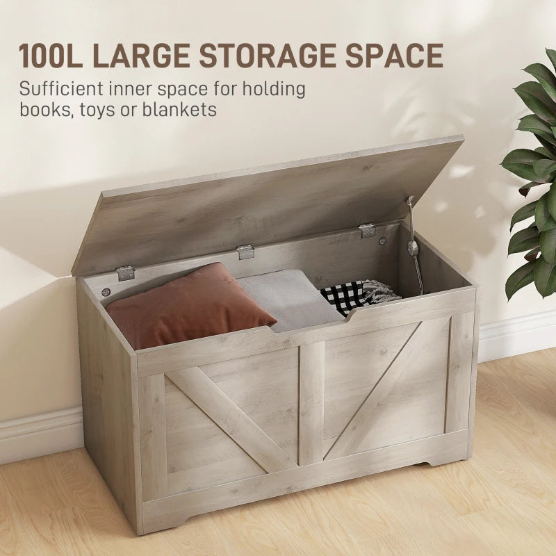 31.5 Inches Storage Chest, Storage Trunk with 2 Safety Hinges for Living Room, Grey Wood Grain
