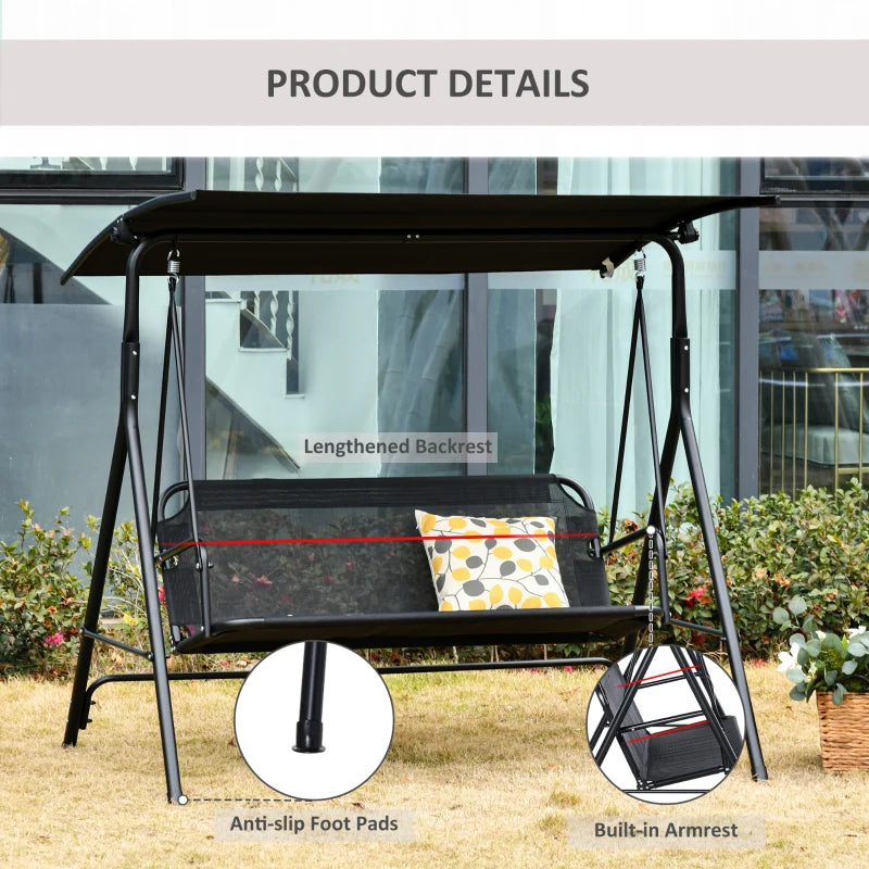 2-Person Porch Swing Chair, 2 Seater Patio Swing Bench w/ Adjustable Canopy, Breathable Seat for Garden, Poolside, Black