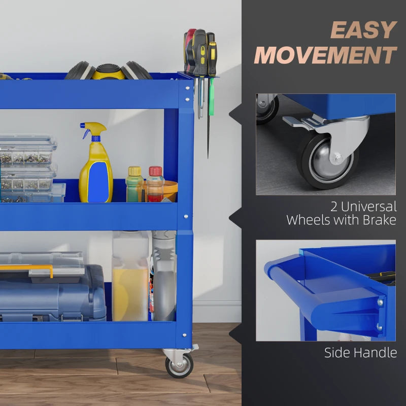 3 Tier Rolling Tool Cart with Wheels, 330 LBS Capacity Heavy Duty Utility Cart, Mobile Service Cart for Garage, Blue