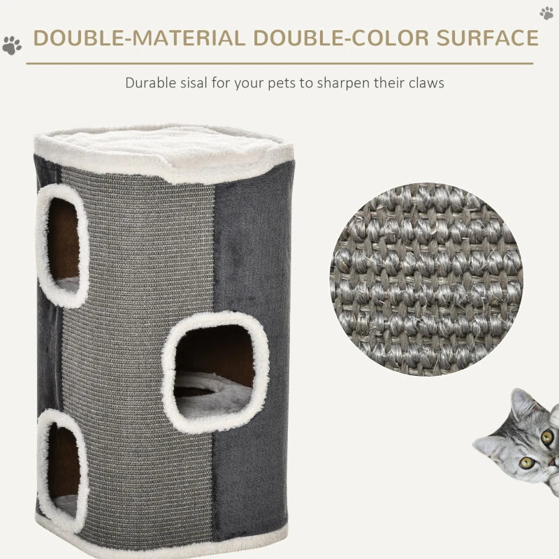 4-Story Cat House for Indoor, Cat Condo with Sisal Scratching Surface, Removable Cushion, 16" x 16" x 29", Grey