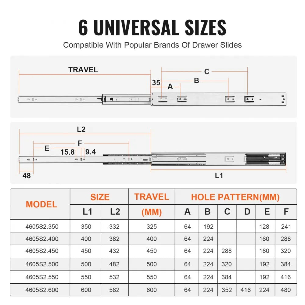 VEVOR 6 Pairs of 18 Inch Drawer Slides Side Mount Rails, Heavy Duty Full Extension Steel Track, Soft-Close Noiseless Guide Glides Cabinet Kitchen Runners with Ball Bearing, 100 Lbs Load Capacity