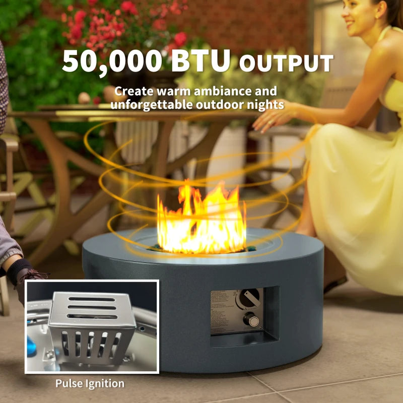 30" Round Propane Fire Pit Table 50,000 BTU Outdoor Gas Fire Table with Waterproof Cover, Decorative Glass Rocks, Tank Holder, Grey