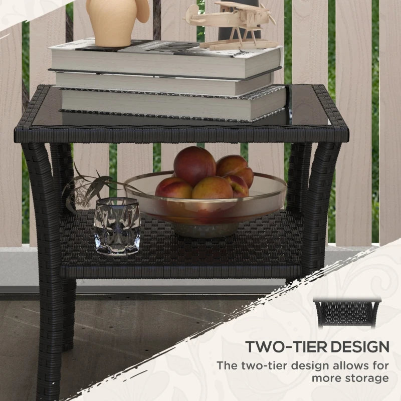 20" Patio Wicker Coffee Table, Outdoor PE Rattan Two-tier Side Table with Glass Top, for Patio, Garden, Balcony, Black