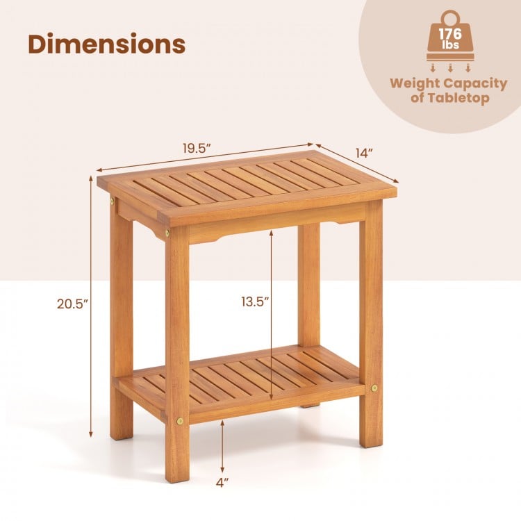 2-Tier Outdoor Acacia Wood Side Table with Slatted Tabletop and Storage Shelf