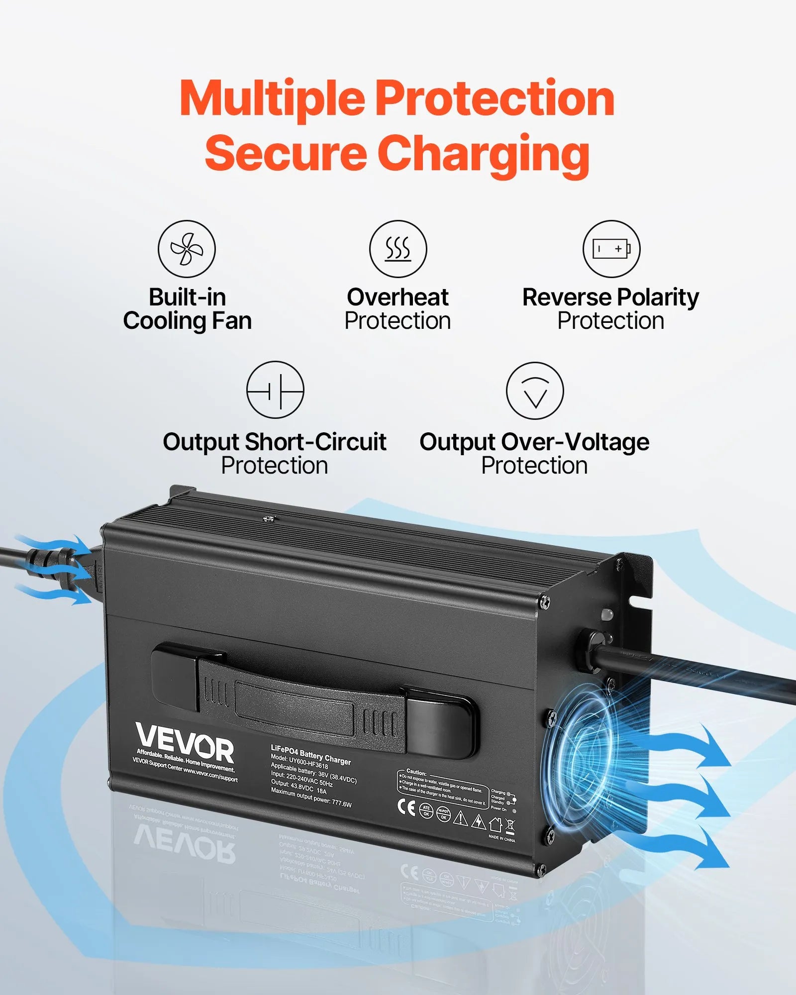 VEVOR 36V 18A Lithium Battery Charger 43.8V AC-DC LiFePO4 Smart Charger for RV