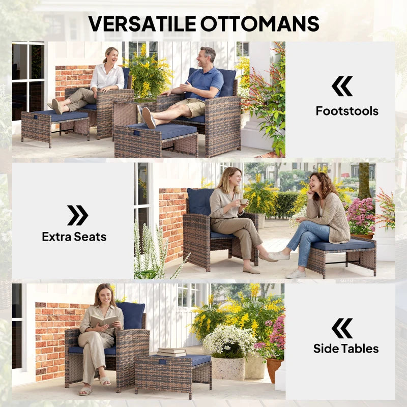 5 Piece Patio Furniture Set, Wicker Patio Chairs with Ottomans, 2-Tier Glass Coffee Table and Cushions, Brown/Dark Blue