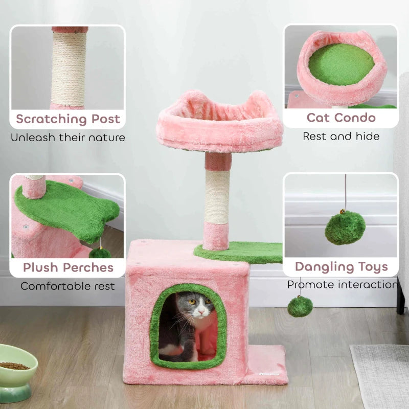 28" Cat Tree Tower with Plush Top Bed, Cozy Condo, Sisal Scratching Post, Perch, Dangling Ball, Pink & Green