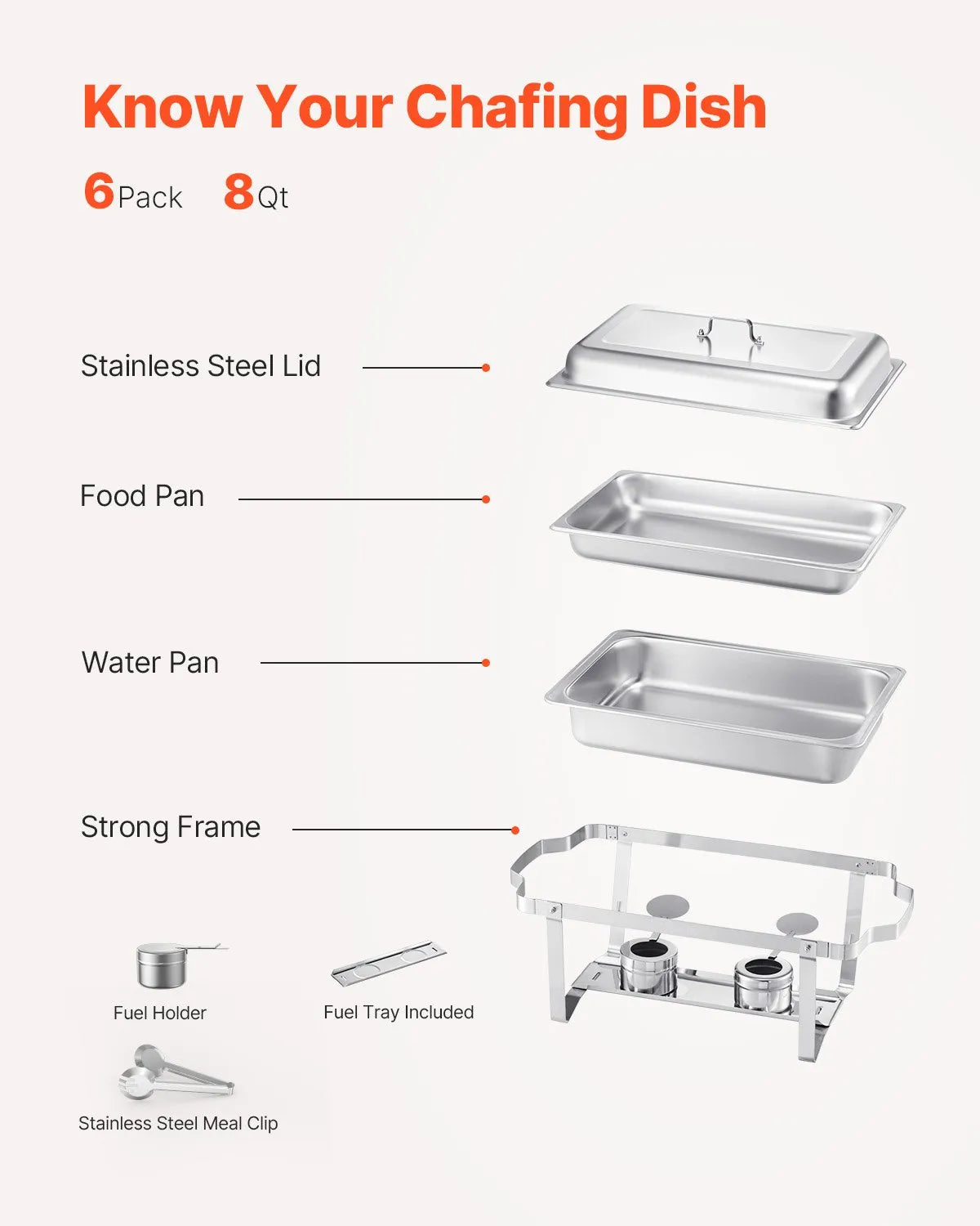 VEVOR 8 Qt 6 Pack Rectangle Chafing Dish Buffet Set Fullsize Pan Stainless Steel