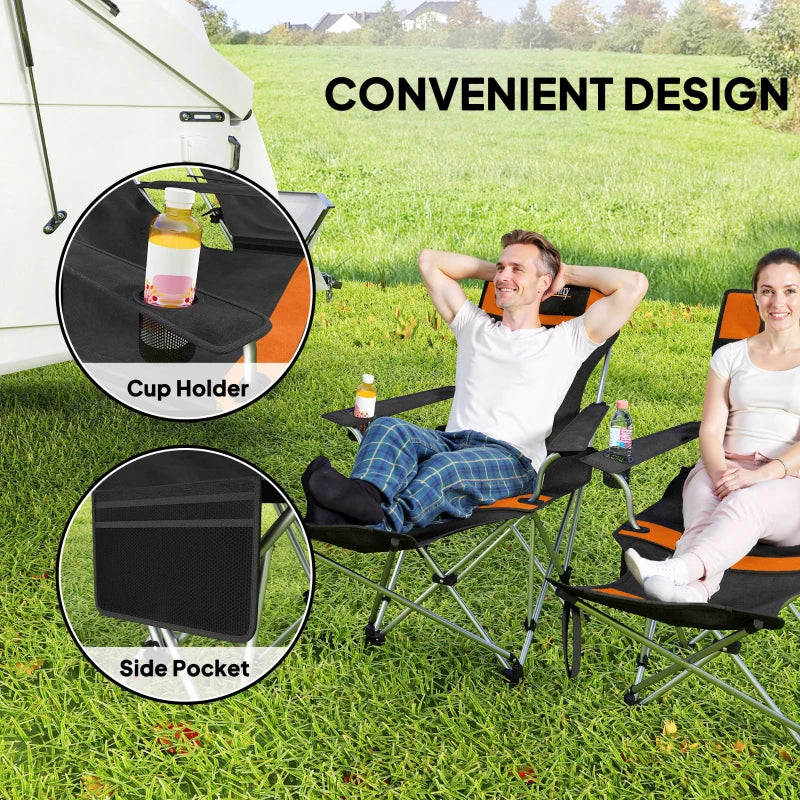 Set of 2 Reclining Camping Chair with Foot Rest, Folding Camping Chair w/ Headrest, Cup Holder, Storage Bag, Orange