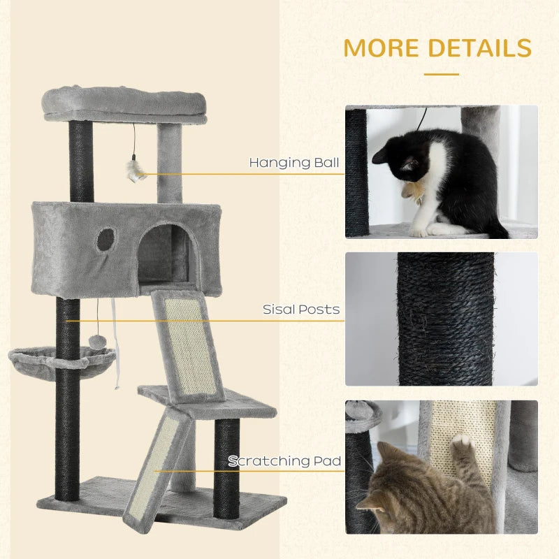47" Cat Tree for Indoor Cats, Kitty Activity Center, Cat Tower with Cat Ear Bed Ramp Condo Hammock Hanging Ball Toys Sisal Rope Scratching Post, Light Grey