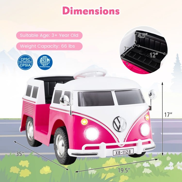 12V Ride On Car Licensed Volkswagen Ride-on Bus with Cup Holder and LED Headlights for 3+ Years Old-Pink