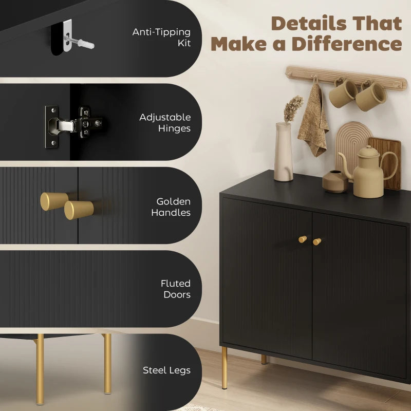 Sideboard, Modern Buffet Cabinet, Coffee Bar Cabinet with Fluted Doors and Adjustable Shelf, Black