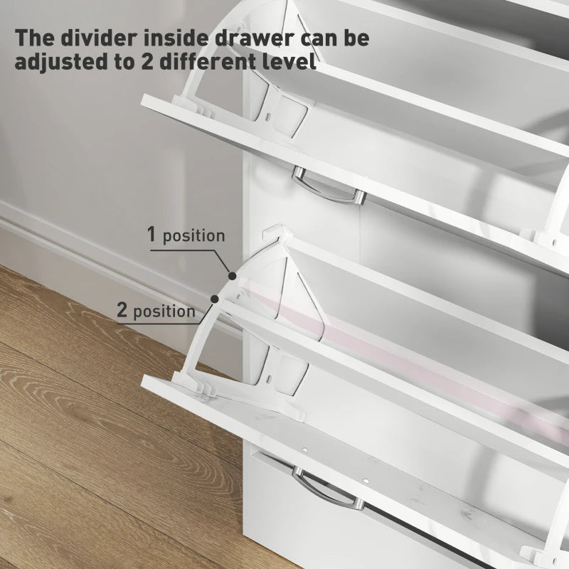 3 Flip Drawer Shoe Cabinet, Marble-Effect Narrow Shoe Storage Cabinet with Top Drawer and Adjustable Shelves, White