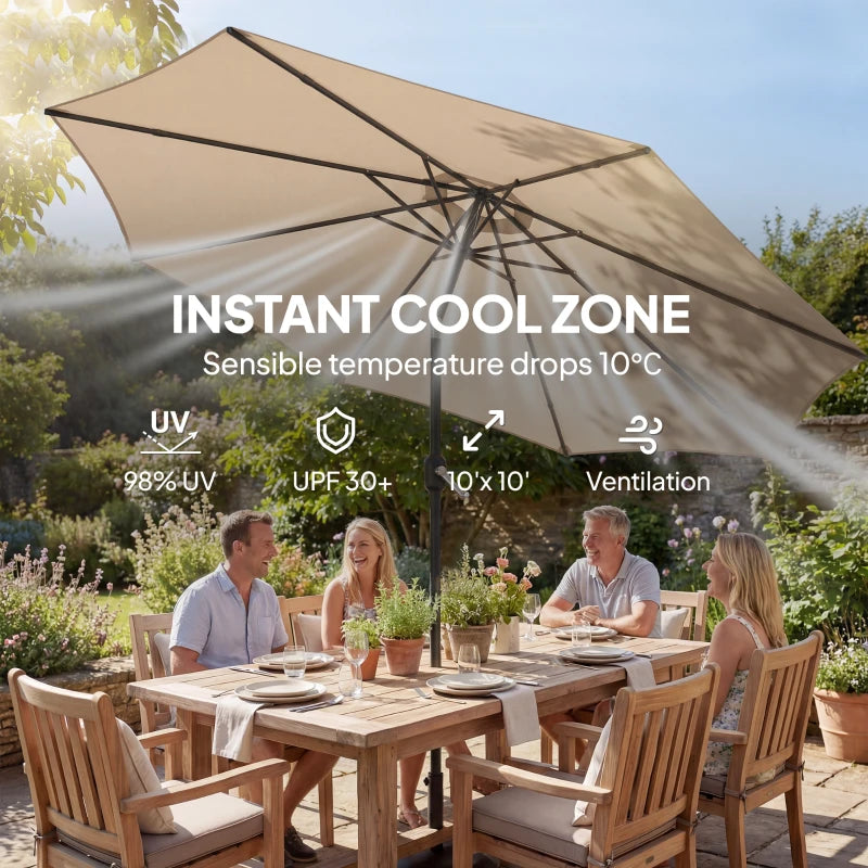 10' x 10' Round Market Umbrella with Base and Sandbag, Patio Umbrella with Crank Handle and Tilt, Khaki