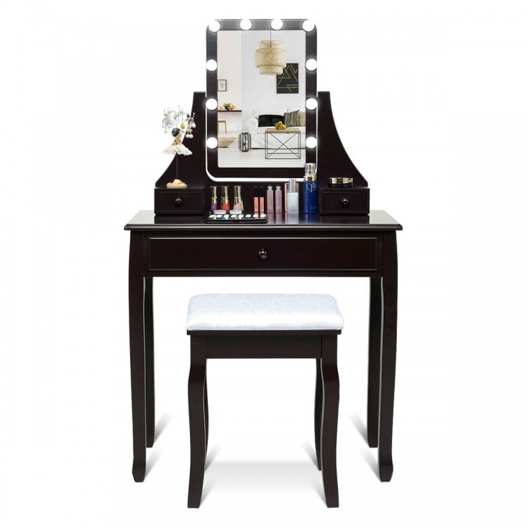 10 LED Lighted Mirror and 3 Drawers Vanity Table Set-Brown