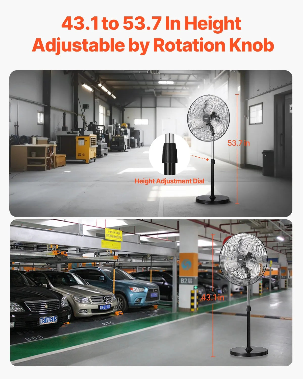 VEVOR 18" Industrial Pedestal Fan 3-Speed Oscillating Fan Height Adjustable