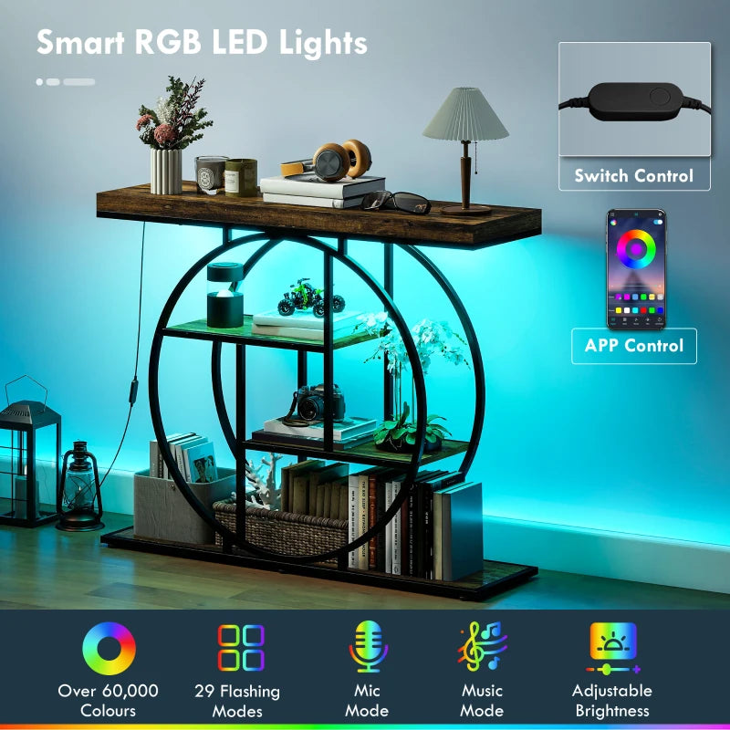 4-Tier Entryway Table with Charging Station LED Lights 39" Console Table with Circle Base for Living Room, Rustic Brown