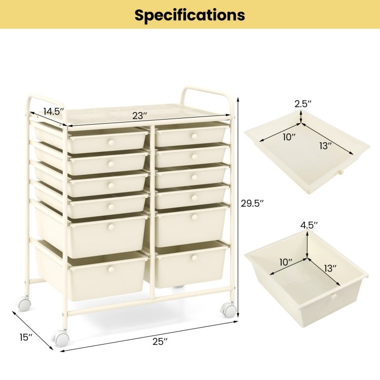 12-Drawer Rolling Storage Cart with Removable Drawers and Lockable Wheels-Beige