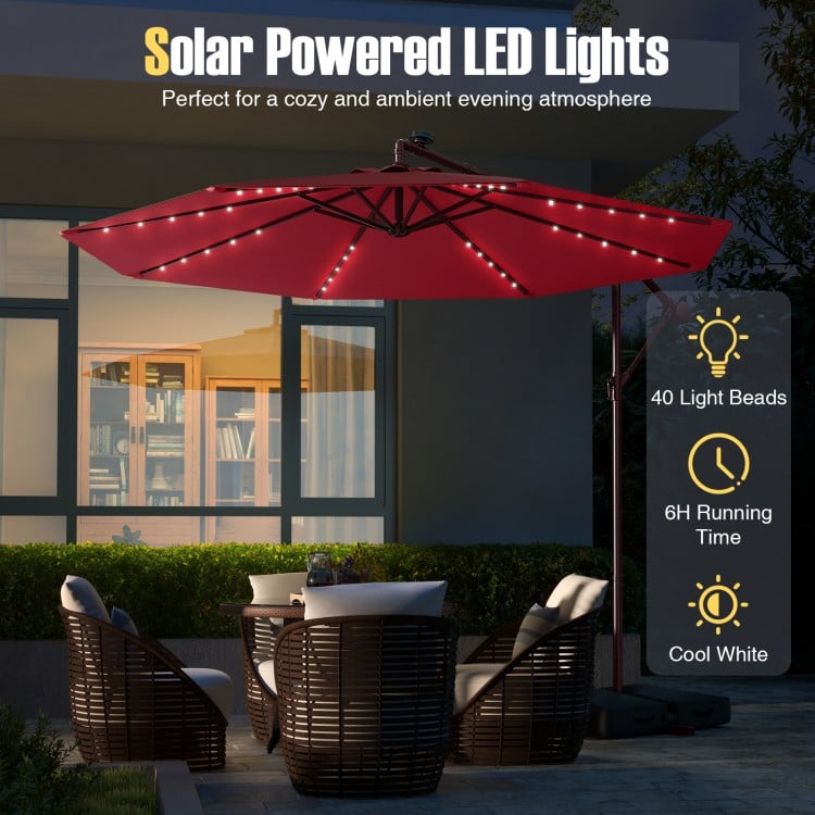 10 Ft Patio Umbrella Offset Cantilever Umbrella with 40 Solar Powered Lights-Red