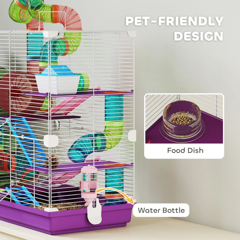 5 Tiers Hamster Cage Portable with Exercise Wheels Play Tube Water Bottle Dishes House Ladder for Gerbils, Purple