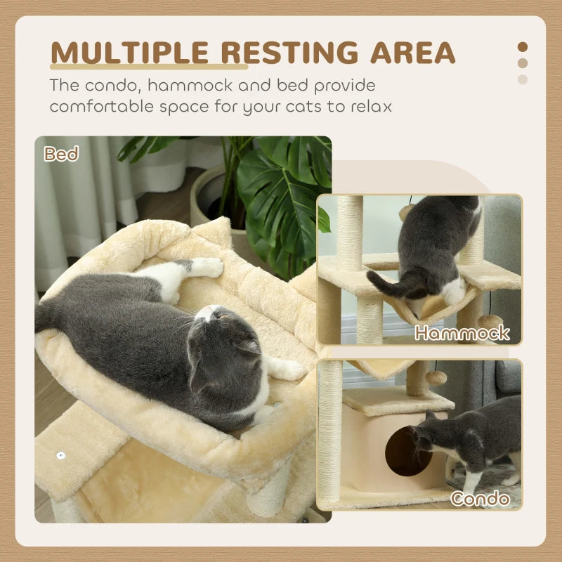 39.25'' Cat Tree Tower Multi-Level Kitten House with Scratching Post Condo Hammock Bed Ball Toy - Beige
