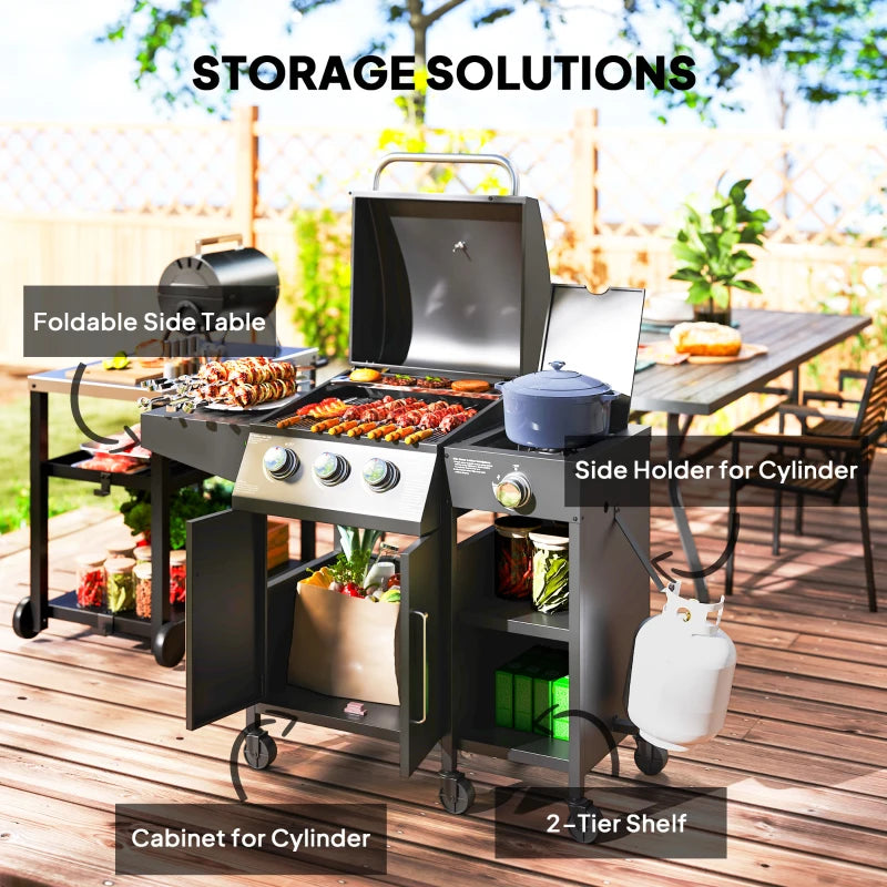 3 Burner Gas Grill with Side Burner, 9.5 KW Propane BBQ Grill, Cabinet Style with Shelves, Wheels, Instant Ignition
