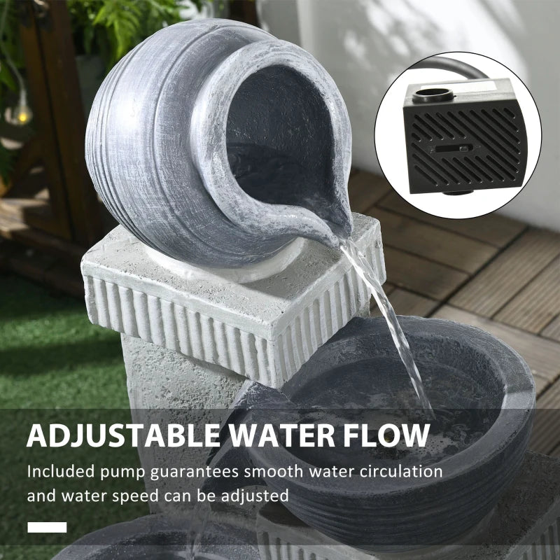 4-Tiered Outdoor Jar and Bowls Water Fountain with LED Lights, Adjustable Flow, 26.4-inch Resin Waterfall Fountain
