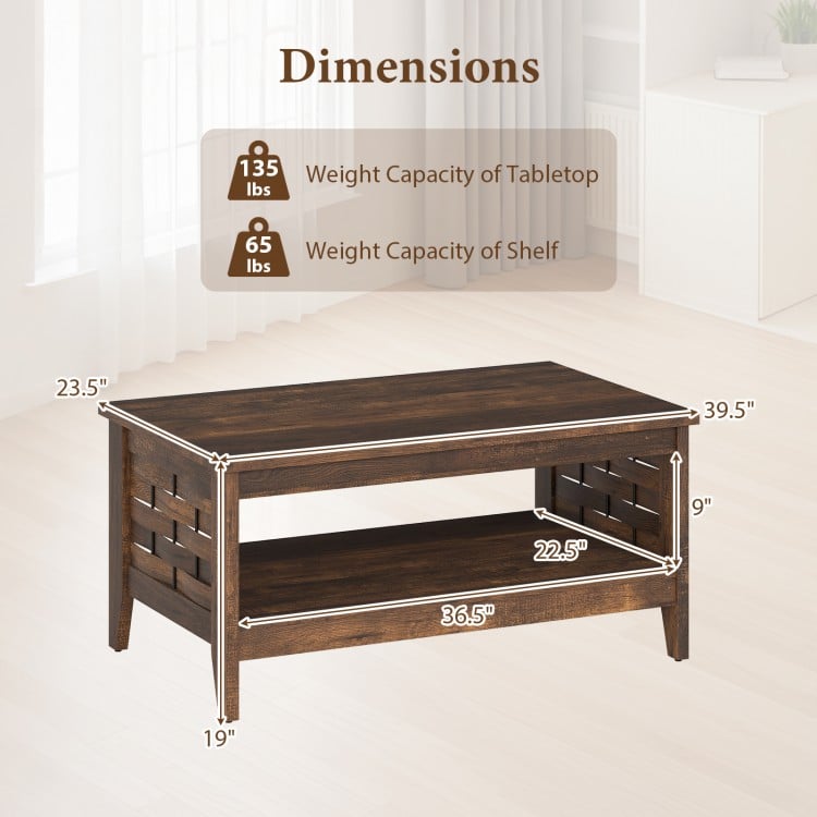 2-Tier Farmhouse Coffee Table with Open Shelf and Woven Decorations for Living Room-Rustic Brown