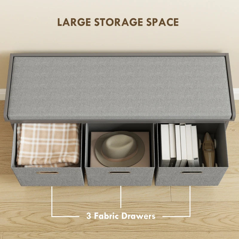 Shoe Storage Bench with Seat, Entryway Bench Seat with Cushion, 3 Fabric Drawers for Hallway, Dark Grey