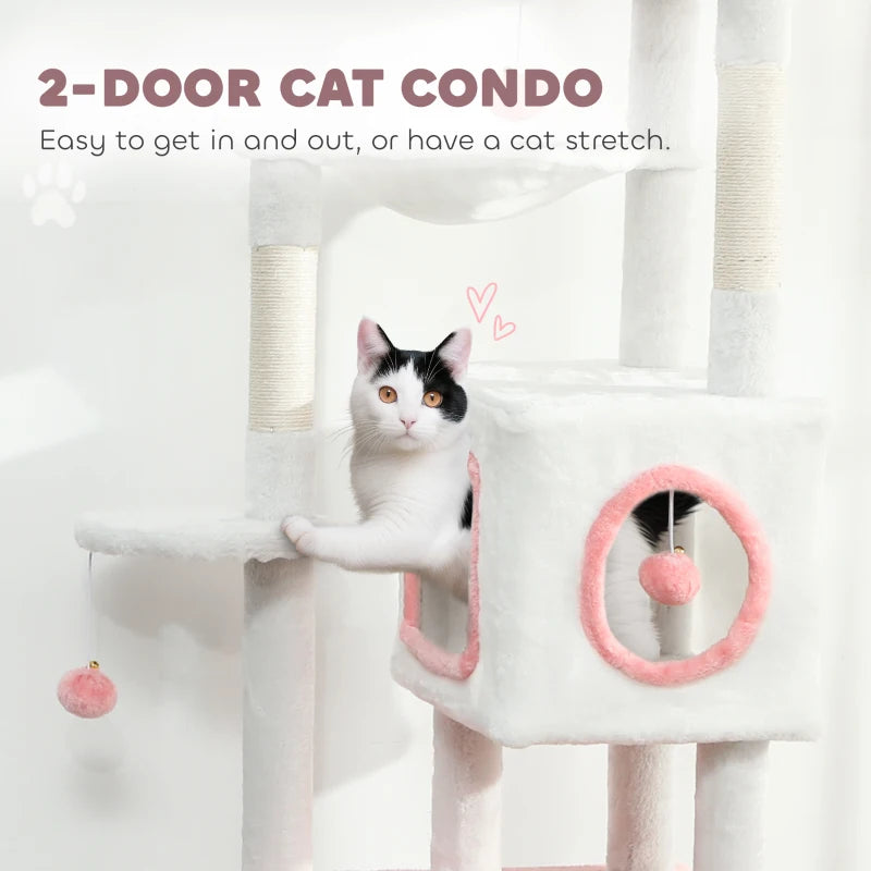 65 Inch Cat Tree with 2 Doors Condos, Plush Top Perch, Hammock, Sisal Scratching Posts, 4 Pompoms, Ramp, White