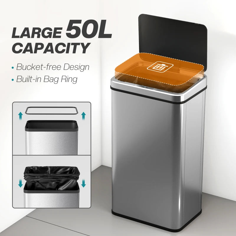 13.2 Gallon Automatic Garbage Can with Soft-Close Lid, Touchless Trash Can with Fingerprint Resistant Stainless Steel