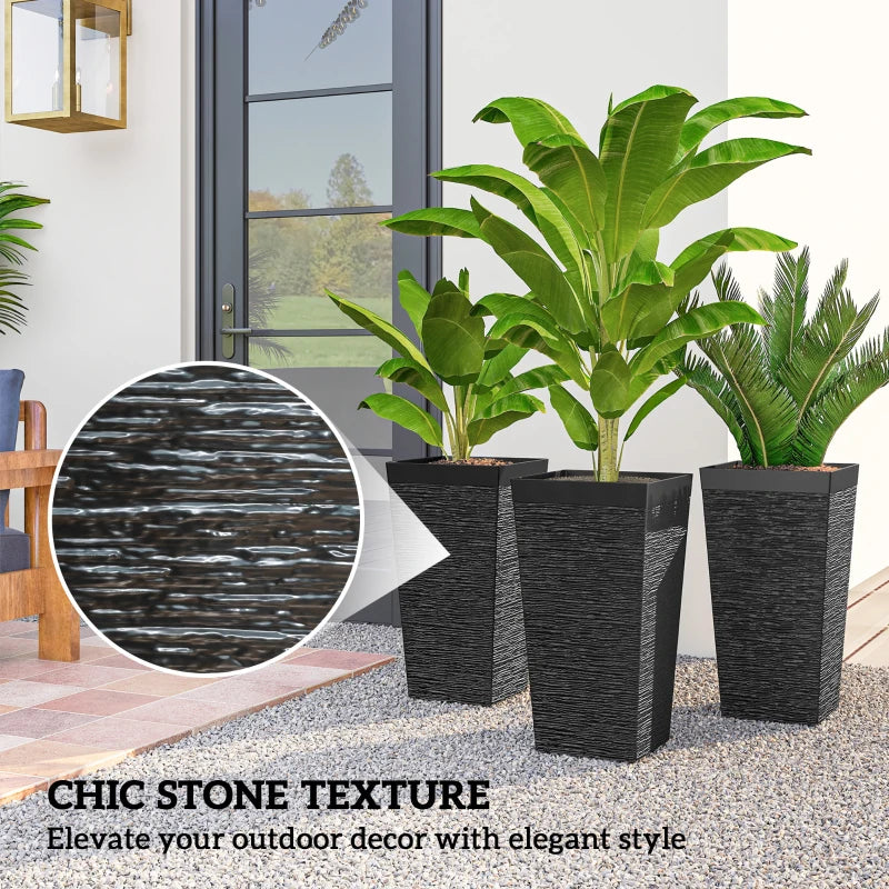 22.8" Tall Planters Set of 3, Indoor Outdoor Taper Planters with Stone Finish, Wheels and Drainage Hole, Black