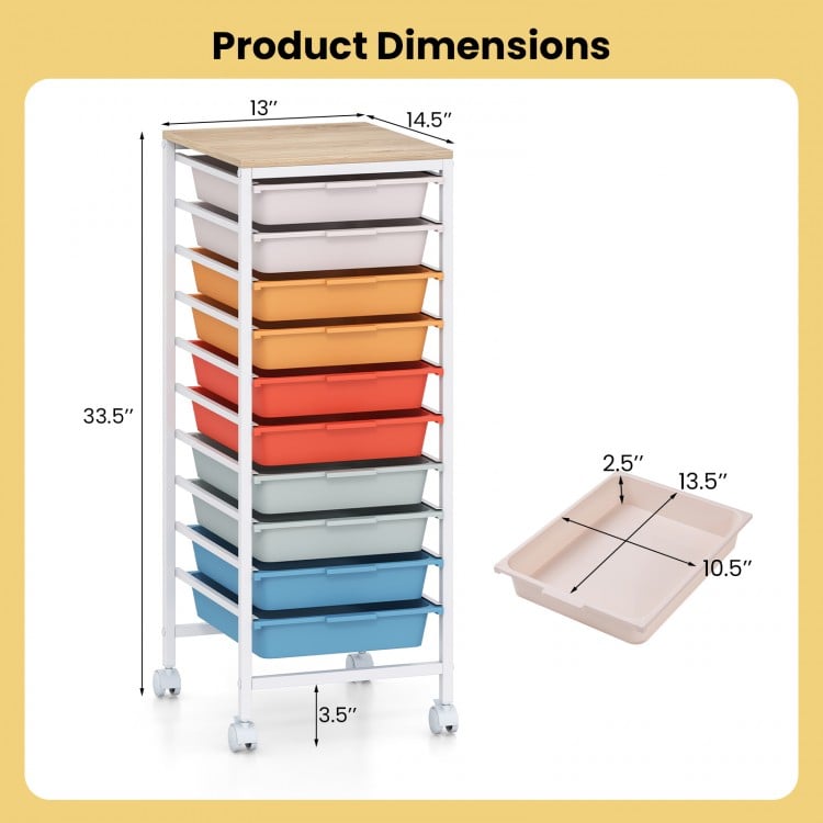 10-Drawer Rolling Storage Cart Mobile Utility Organizer with Wooden Tabletop and Lockable Wheels-Macaron