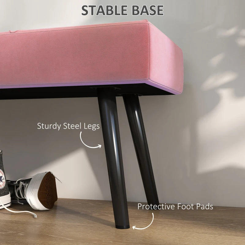 39 Inches Upholstered Bedroom Bench, Modern End of Bed Bench with Steel Legs, Pink