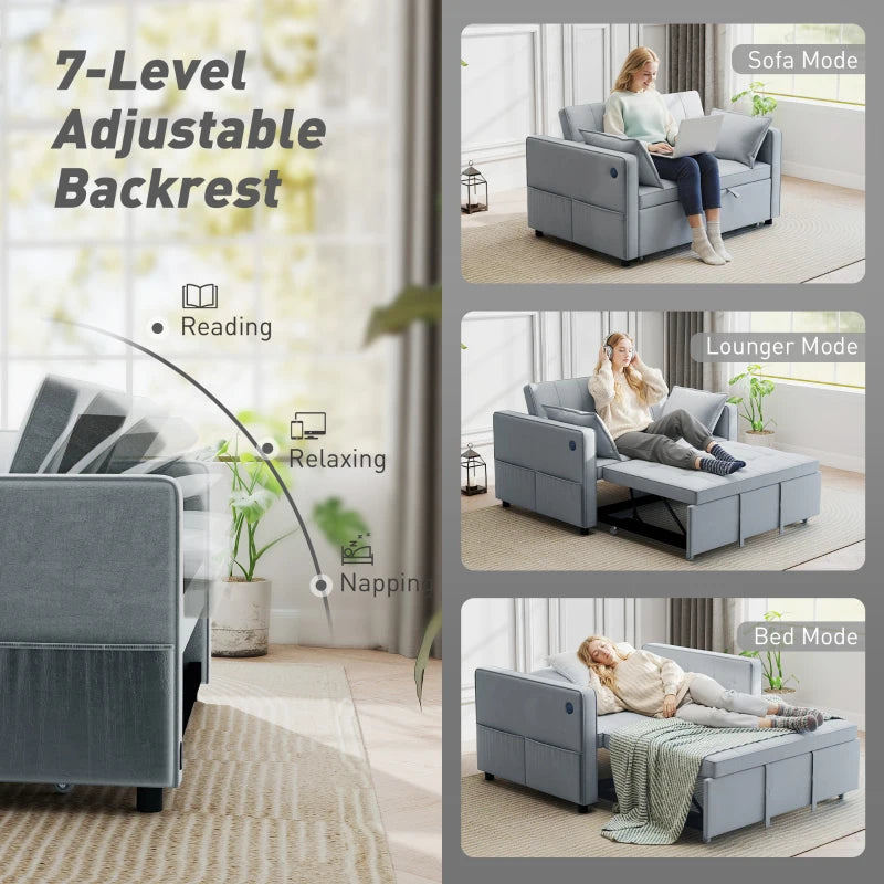 3‑in‑1 Convertible Sofa Bed, Pull Out Sleeper Sofa with USB Charging, Adjustable Backrest, Side Pockets, Light Grey