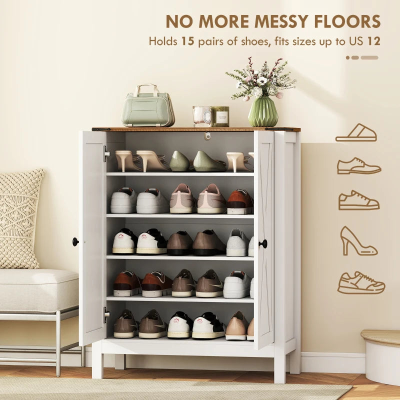 Shoe Cabinet with Barn Doors, Farmhouse Shoe Storage Cabinet with Adjustable Shelves, Holds up to 15 Pairs, White