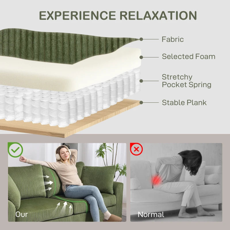 3 Seater Sofa, 83.5" Modern Upholstered Couch with Pocket Spring and 2 Scatter Cushions for Living Room, Green