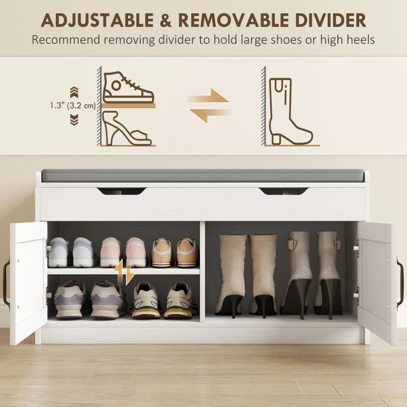 Shoe Storage Bench, Entryway Bench with 2-Tier Cabinet, Flip-Top Storage, Padded Cushion for Hallway, White