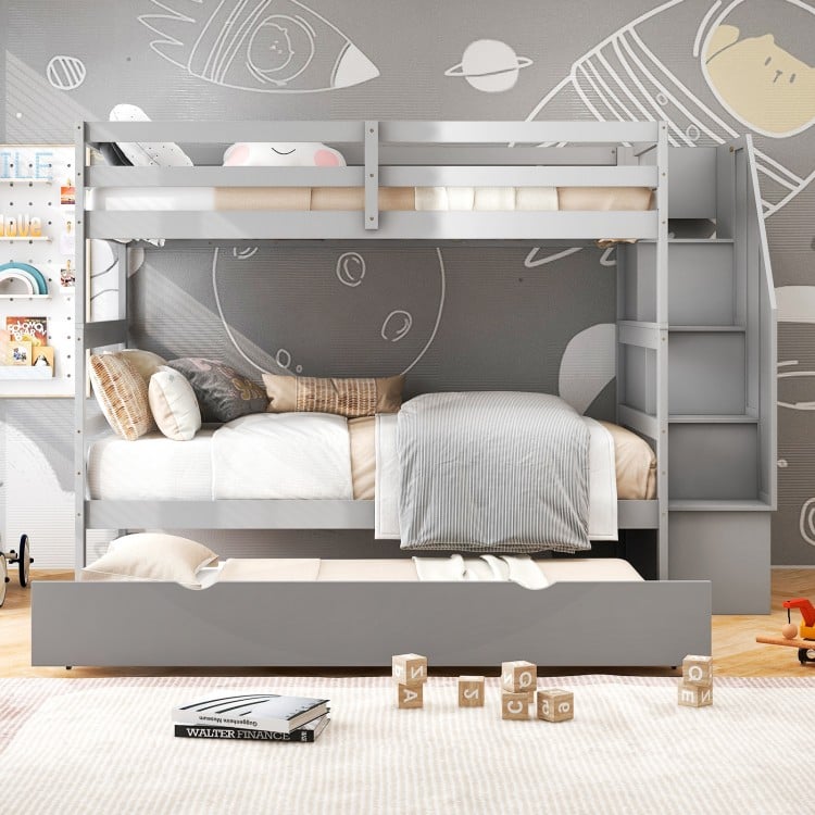 Home Wood Bunk Bed with Guard Rail and 4-step Storage Stairs No Box Spring Needed-Gray