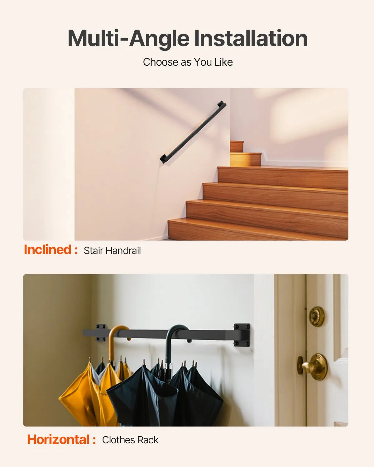 VEVOR 4ft Wall Mounted Stair Handrail Black Iron 250lbs Load Square Tube