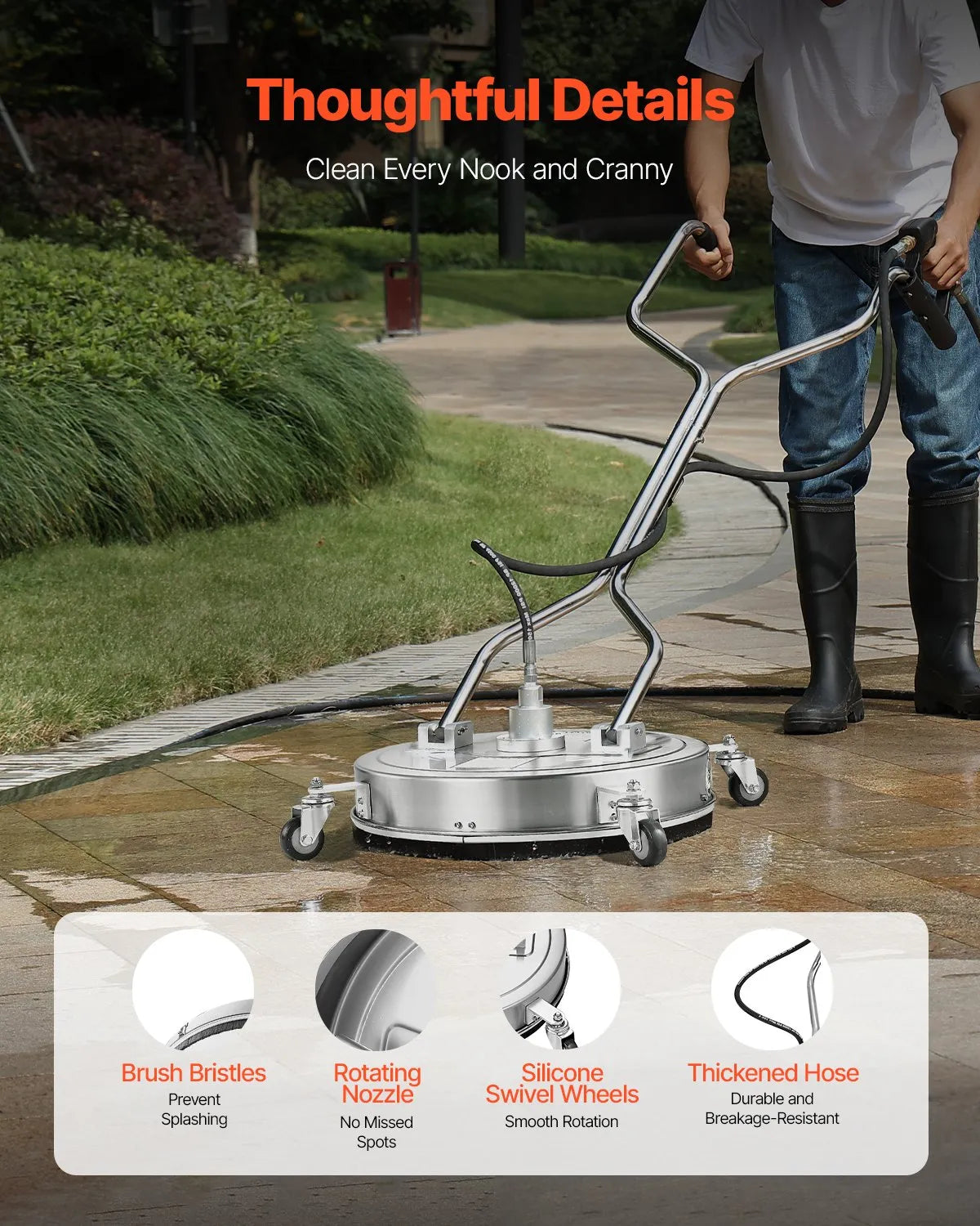 VEVOR 20" Pressure Washer Surface Cleaner 4 Wheels Dual Handle 4500 Max PSI