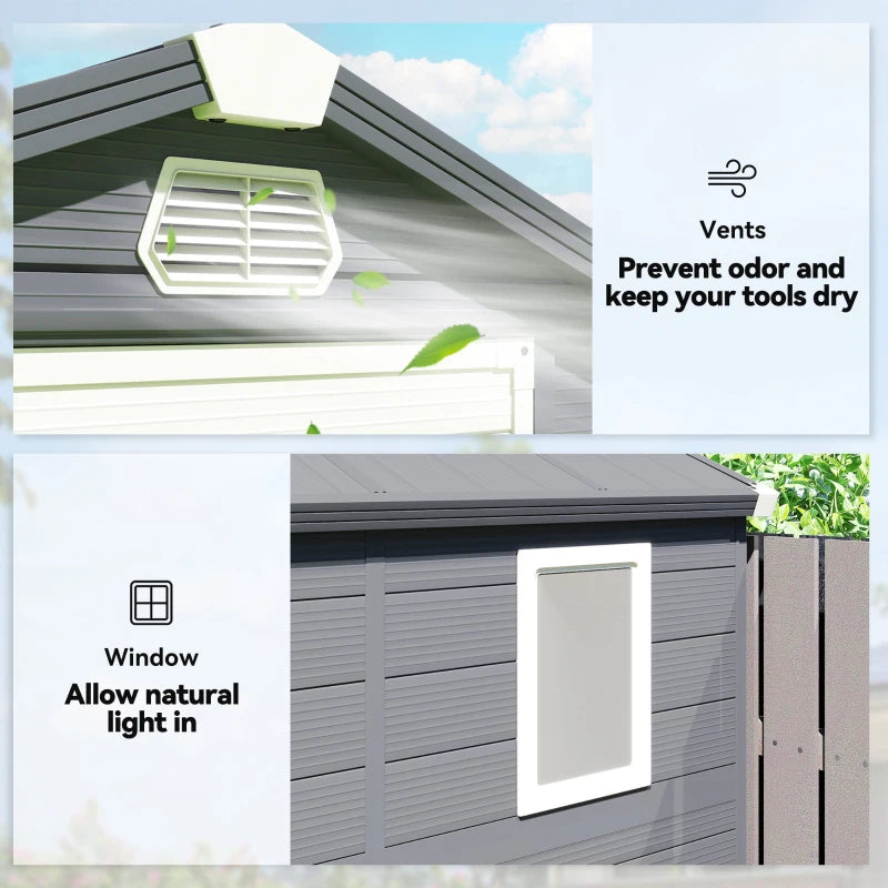 4.5' x 6' Plastic Garden Storage Shed with Latch Door, Vents, Sloped Roof, Dark Grey